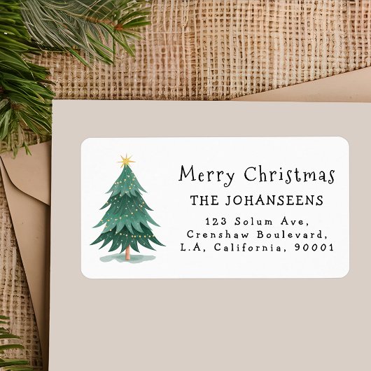 Moderne Waterverf Groen Kerstboom Adres Etiket