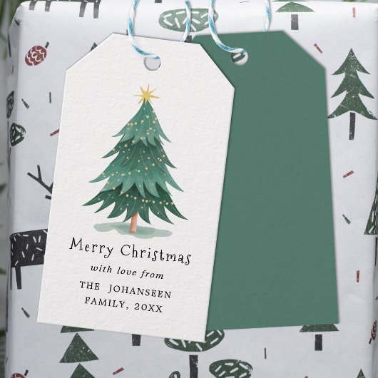 Moderne Waterverf Groen Kerstboom  Cadeaulabel