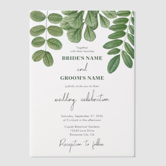 Moderne Waterverf groen smaragd groene bruiloft Vellum Uitnodigingen (Voorkant)