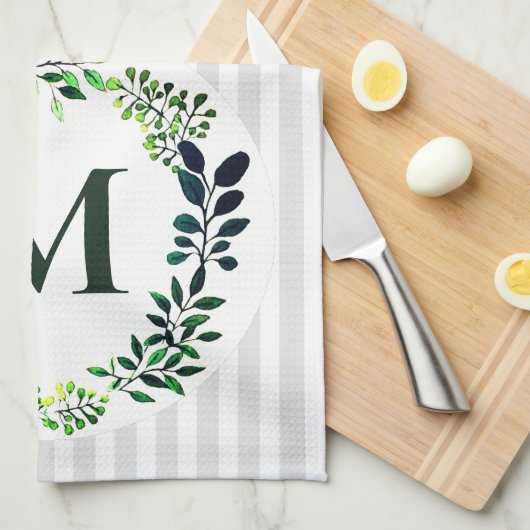 Moderne Waterverf Groen & Strepen | monogram Theedoek (Quarter Fold)