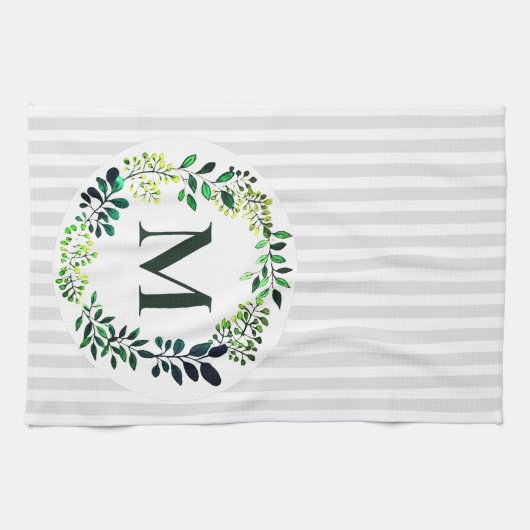 Moderne Waterverf Groen & Strepen | monogram Theedoek (Horizontaal)