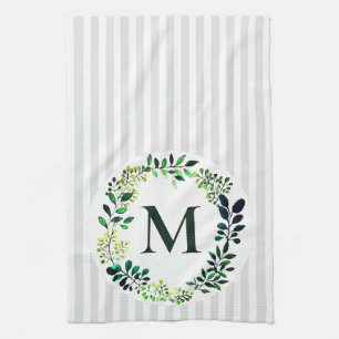 Moderne Waterverf Groen & Strepen   monogram Theedoek