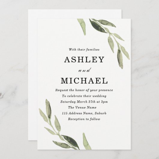 Moderne Waterverf Groene Blad Trouw Uitnodiging (Voorkant / Achterkant)