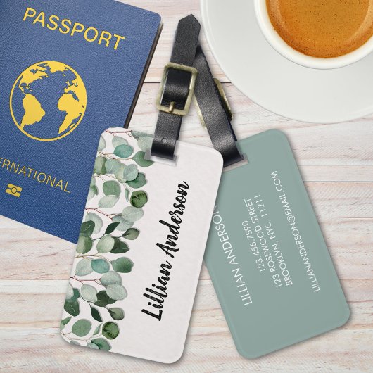 Moderne Waterverf Groene Eucalyptus Bloemen Bagagelabel