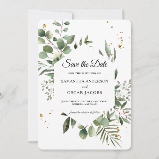 Moderne Waterverf Groene Eucalyptus Groene Lijst Save The Date (Voorkant)