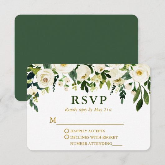 Moderne Waterverf Groene Floral Gold Wedding RSVP Kaartje (Voorkant / Achterkant)