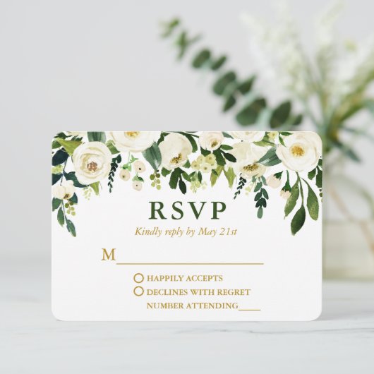 Moderne Waterverf Groene Floral Gold Wedding RSVP Kaartje (Staand voorkant)