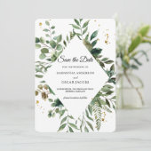 Moderne Waterverf Groene Frame & Gouden Stippen Save The Date (Staand voorkant)