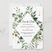 Moderne Waterverf Groene Frame & Gouden Stippen Save The Date (Voorkant)