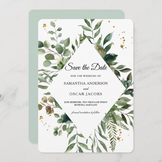 Moderne Waterverf Groene Kader & Gouden Stippen Save The Date (Voorkant / Achterkant)
