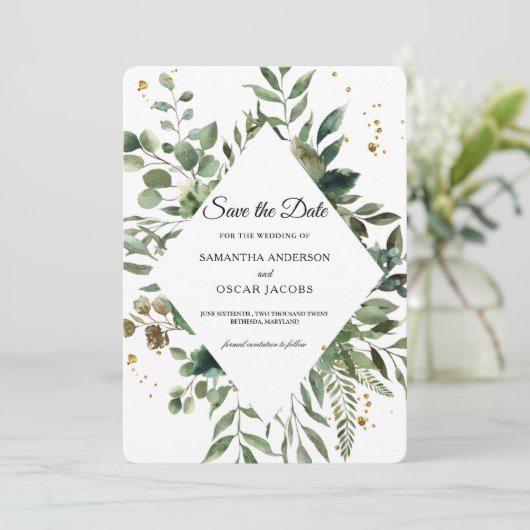 Moderne Waterverf Groene Kader & Gouden Stippen Save The Date (Staand voorkant)