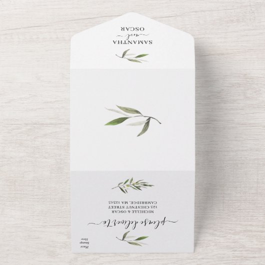 Moderne Waterverf Groene Olijftak All In One Uitnodiging (Buitenkant)
