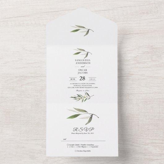 Moderne Waterverf Groene Olijftak All In One Uitnodiging (Binnen)