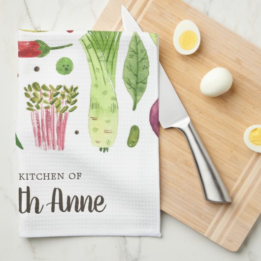 Moderne Waterverf Groenten Groenten Scriptnaam Theedoek (Quarter Fold)