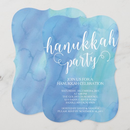 Moderne Waterverf Hanukkah Celebration Invitation Kaart (Voorkant / Achterkant)