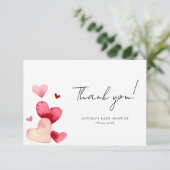 Moderne Waterverf Harten Romantische Baby Shower Bedankkaart (Staand voorkant)