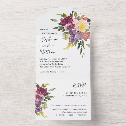 Moderne Waterverf Herfst Floral Wedding All In One Uitnodiging (Binnen)