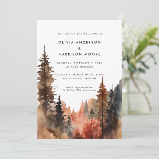 Moderne Waterverf Herfst Outdoor Mountain Bruiloft Kaart (Staand voorkant)