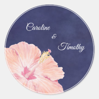 Moderne Waterverf Hibiscus Navy Blue bruiloft Ronde Sticker
