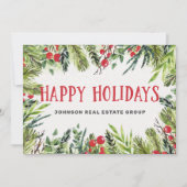 Moderne Waterverf Holly Foliage en Berries Feestdagenkaart (Voorkant)