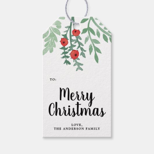 Moderne Waterverf Holly Merry Kerstmis Cadeaulabel (Voorkant)