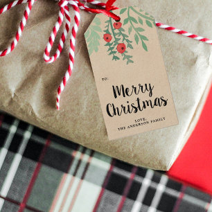 Moderne Waterverf Holly Merry Kerstmis Cadeaulabel