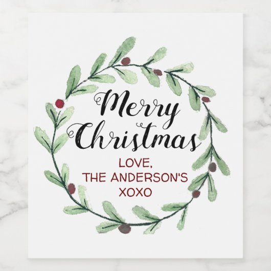 Moderne Waterverf Holly Wreate Kerstmis Wijn Etiket (Enkel label)
