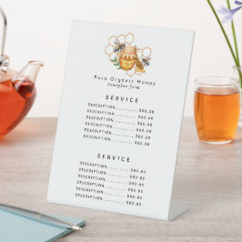 Moderne waterverf honingraten met bij reclamebord met voetstuk
