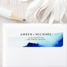 Moderne Waterverf Indigo Blue Wedding Etiket