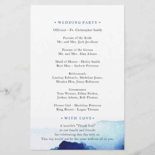Moderne Waterverf Indigo Blue Wedding Programma (Achterkant)