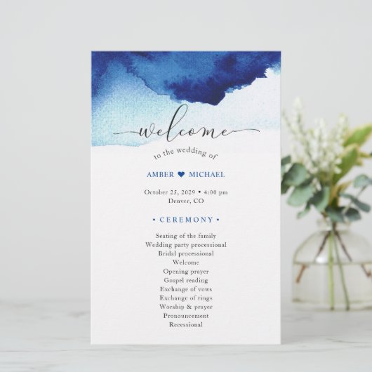 Moderne Waterverf Indigo Blue Wedding Programma (Staand voorkant)