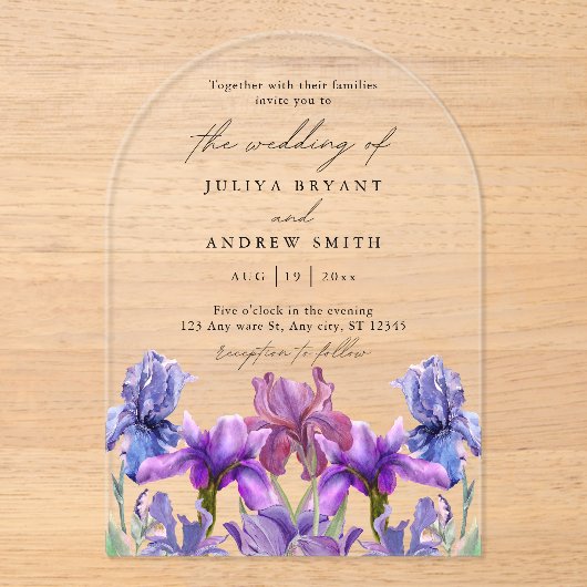 Moderne waterverf Iris bloemenscriptuur bruiloft Acryl Uitnodigingen (Voorkant)