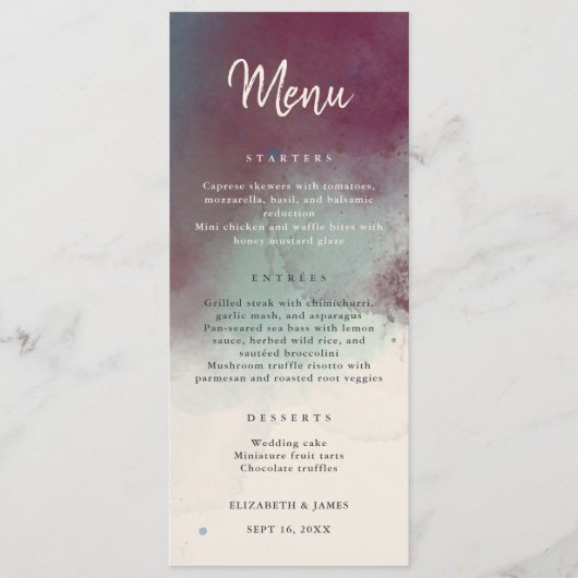 Moderne Waterverf Jewel Tones Boho Bruiloft Menu (Voorkant)