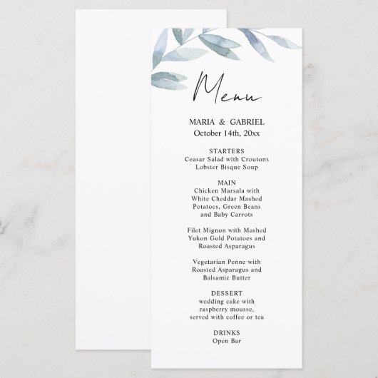 Moderne waterverf. Kaart Airy Wedding Menu (Voorkant / Achterkant)