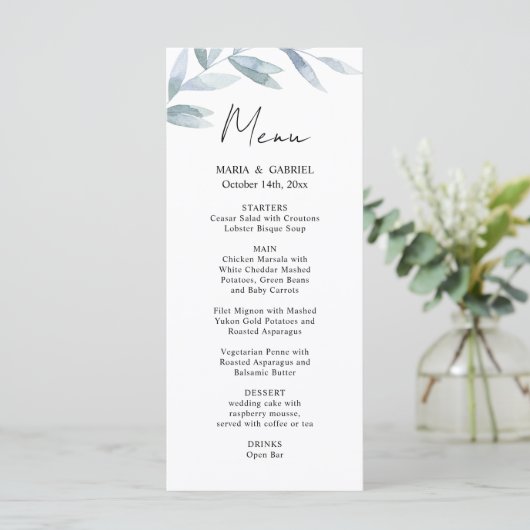Moderne waterverf. Kaart Airy Wedding Menu (Staand voorkant)