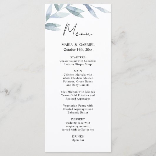Moderne waterverf. Kaart Airy Wedding Menu (Voorkant)