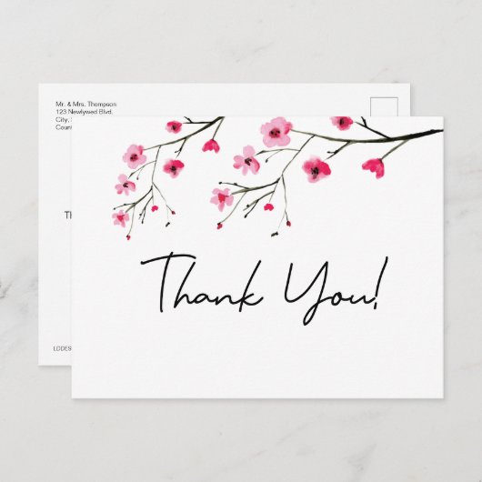 Moderne waterverf kersenbloesem bruiloft dank u briefkaart (Voorkant / Achterkant)