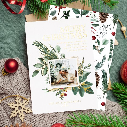 Moderne Waterverf kerst botanische één foto Folie Feestdagenkaart