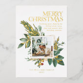 Moderne Waterverf kerst botanische één foto Folie Feestdagenkaart (Voorkant)