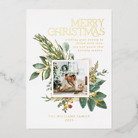 Moderne Waterverf kerst botanische één foto Folie Feestdagenkaart (Voorkant)