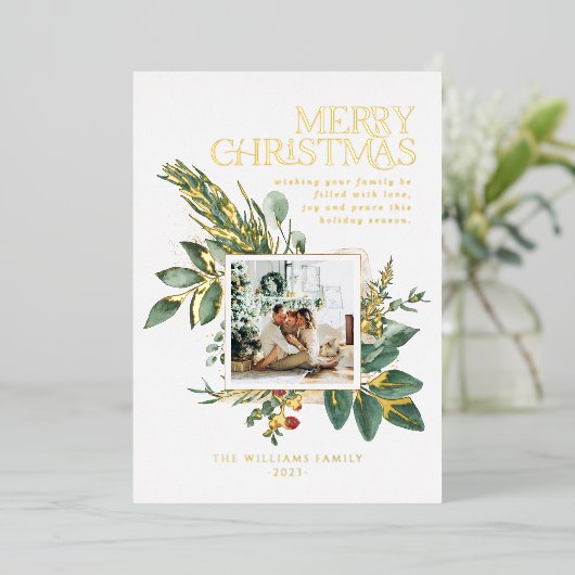 Moderne Waterverf kerst botanische één foto Folie Feestdagenkaart (Staand Voorkant)