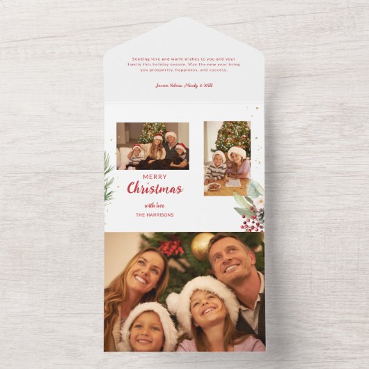 Moderne Waterverf Kerst Botanische Twee-Foto All In One Uitnodiging (Binnen)