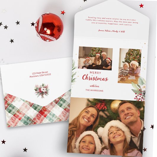 Moderne Waterverf Kerst Botanische Twee-Foto All In One Uitnodiging