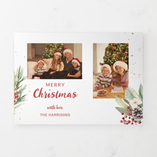 Moderne Waterverf Kerst Botanische Twee-Foto Drieluik Wenskaart (Cover)