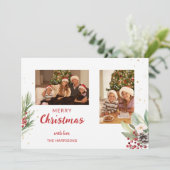Moderne Waterverf Kerst Botanische Twee-Foto Feestdagenkaart (Staand voorkant)