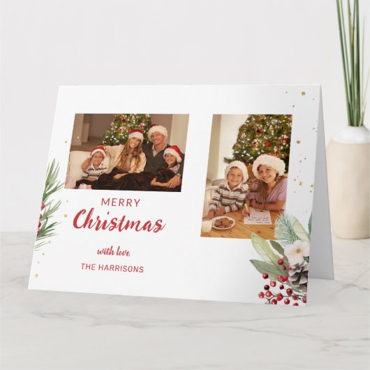 Moderne Waterverf Kerst Botanische Twee-Foto Kaart (Voorkant)