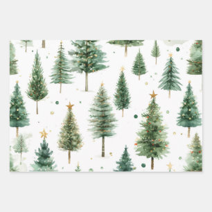 Moderne Waterverf Kerst Groen Boom Inpakpapier Vel