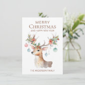 Moderne Waterverf Kerst Ornament Rendier Flat Feestdagenkaart (Staand voorkant)