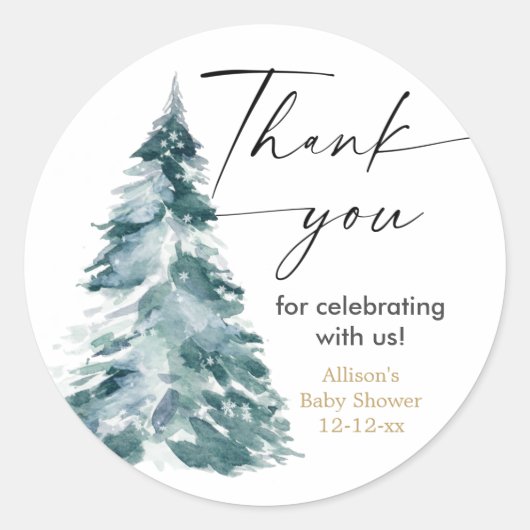 Moderne waterverf kerstboom babyshower ronde sticker (Voorkant)
