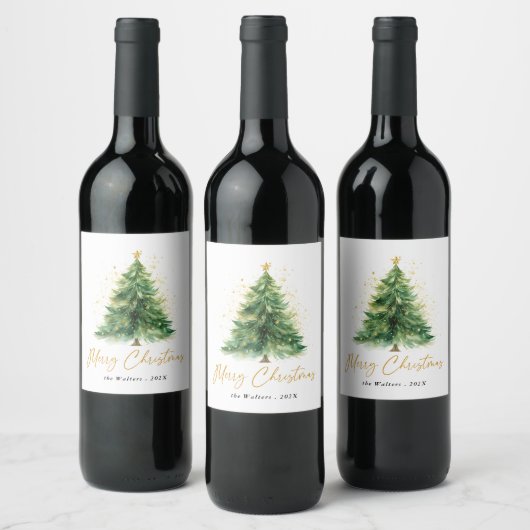 Moderne Waterverf kerstboom niet foto Wijn Etiket (Flessen)